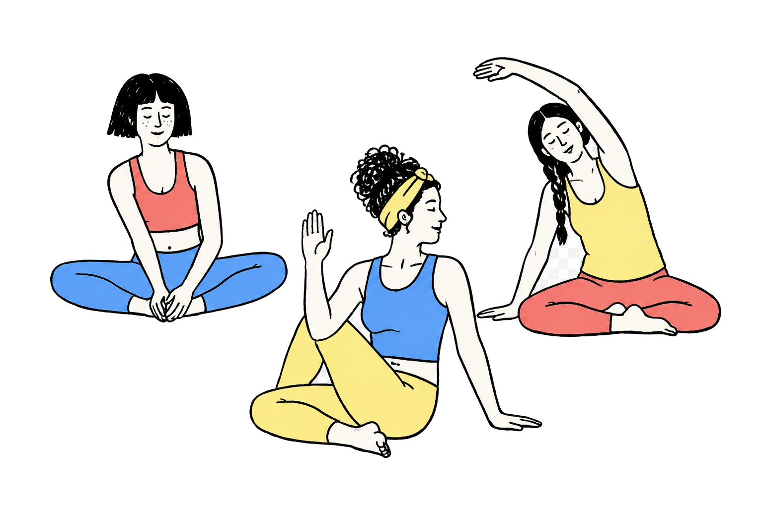 Hand-drawn women in bright yoga wear stretching together