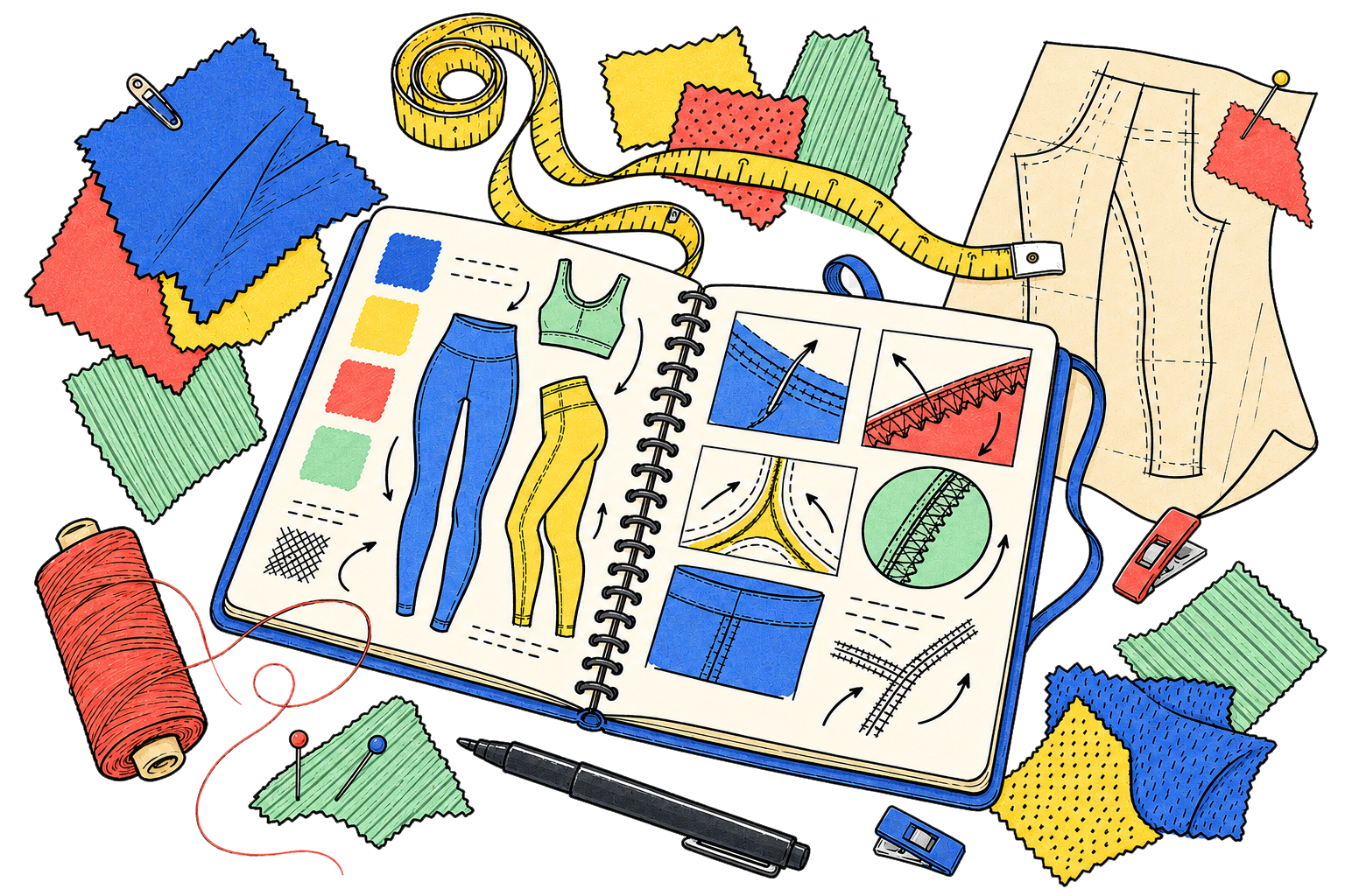 Hand-drawn activewear research desk with fabric swatches and sewing tools